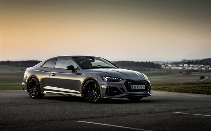 Audi RS5クーペ, 2020, フロントビュー, 外観, 灰色のクーペ, 新しいグレー RS5クーペ, 黒色車輪, ドイツ車, Audi