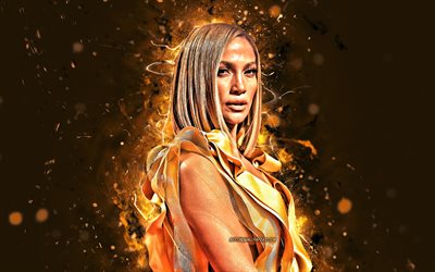 Jennifer Lopez, 4k, 2020, amerikkalainen laulaja, musiikin t&#228;hdet, luova, keltainen neon valot, amerikkalainen julkkis, JLo, Jennifer Lynn Lopez, supert&#228;hti&#228;, kauneus, Jennifer Lopez 4K