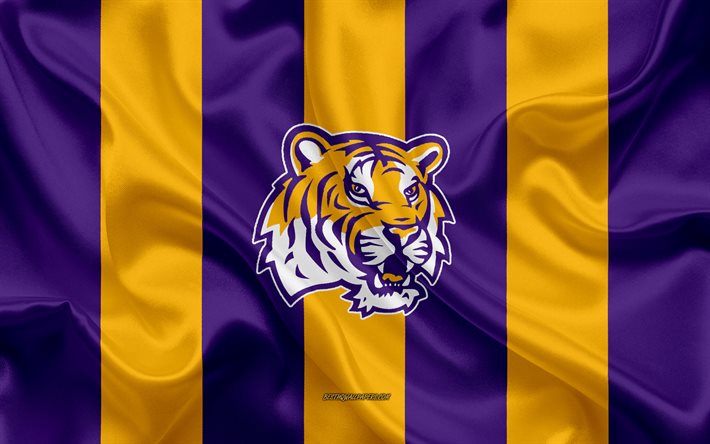 LSU Tigers, Amerikansk fotboll, emblem, silk flag, lila gult siden konsistens, NCAA, LSU Tigers logotyp, Baton Rouge, Louisiana, USA, LSU Tigers football, Louisiana State University