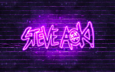 Steve Aoki violette logo, 4k, superstars, american Dj, violet brickwall, Steve Aoki logo, Steve Hiroyuki Aoki, Steve Aoki, stars de la musique, Steve Aoki n&#233;on logo