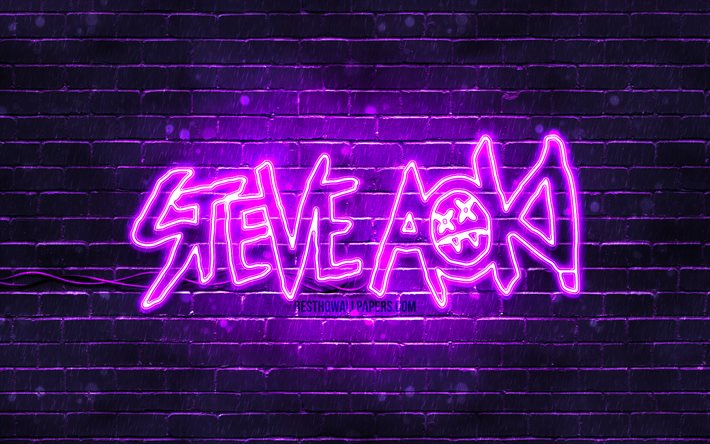 Steve Aoki mor logo, 4k, superstars, Amerikan DJ&#39;ler, mor brickwall, Steve Aoki logo, Steve Hiroyuki Aoki, Steve Aoki, m&#252;zik yıldızları, Steve Aoki neon logo