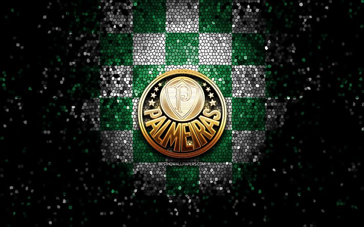 Palmeiras FC, glitter, logo, Serie A, verde, bianco, sfondo a scacchi, calcio, SE Palmeiras, club sportivo brasiliano, il Palmeiras logo, mosaico di arte, di calcio, Brasile