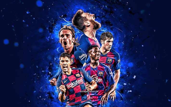 Lionel Messi, Luis Su&#225;rez, Antoine Griezmann, Sergi Roberto, Ansu Fati, 4k, Barcelona FC, futbolistas, FCB, estrellas de f&#250;tbol, La Liga, las estrellas del f&#250;tbol, LaLiga, equipo de Barcelona, luces de ne&#243;n, el Bar&#231;a, el f&#250;tb