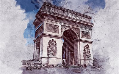 Arc de Triomphe, grunge art, Paris, France, creative art, painted Arc de Triomphe, grunge, digital art, Paris art, painted Paris, landmark