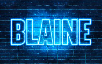 Blaine, 4k, fondos de pantalla con los nombres, el texto horizontal, Blaine nombre, Feliz Cumplea&#241;os Blaine, luces azules de ne&#243;n, de la imagen con el nombre de Blaine