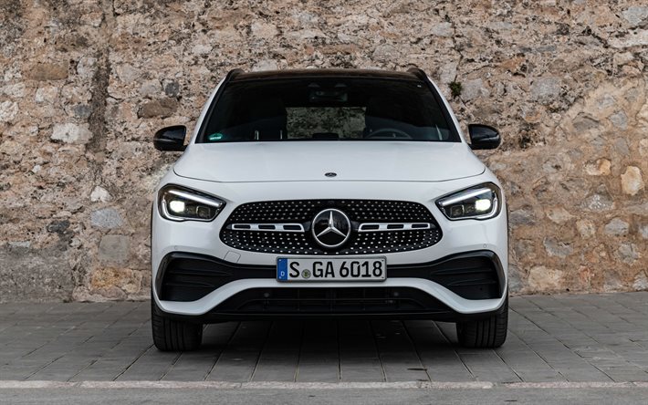 Mercedes-Benz GLA-Class, 2020, AMG Line, front view, exterior, new white GLA, german cars, Mercedes