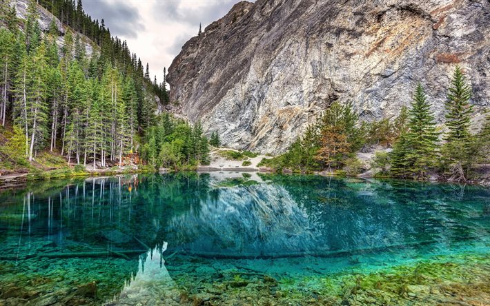 Grassi Laghi, montagne Rocciose Canadesi, montagna, lago, lago glaciale, emerald lake, Alberta, Canada