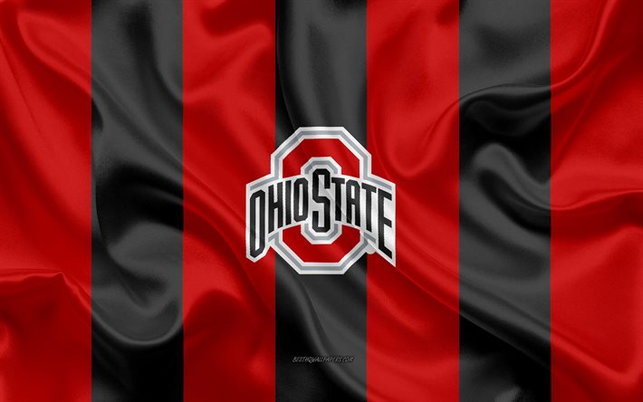 Ohio State Buckeyes, Time de futebol americano, emblema, seda bandeira, vermelho preto de seda texture, NCAA, Ohio State Buckeyes logotipo, Colombo, Ohio, EUA, Futebol americano