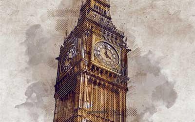 Big Ben, grunge art, London, England, creative art, painted Big Ben, drawing, Big Ben abstraction, Elizabeth Tower, digital art, London landmark, Elizabeth Tower grunge, Westminster