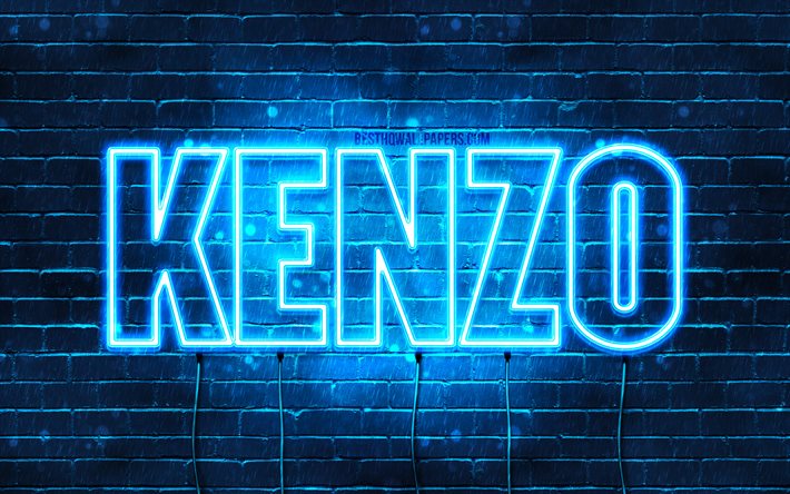 Kenzo, 4k, sfondi per il desktop con i nomi, il testo orizzontale, Kenzo nome, Felice Compleanno di Kenzo, neon blu, immagine con nome Kenzo