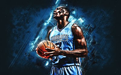Bismack Biyombo, NBA, Charlotte Hornets, blue stone background, Congolese Basketball Player, portrait, USA, basketball, Charlotte Hornets players