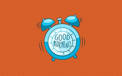Good Morning, blue alarm clock, 4k, orange dotted backgrounds, good morning wish, creative, good morning concepts, minimalism, good morning with clock