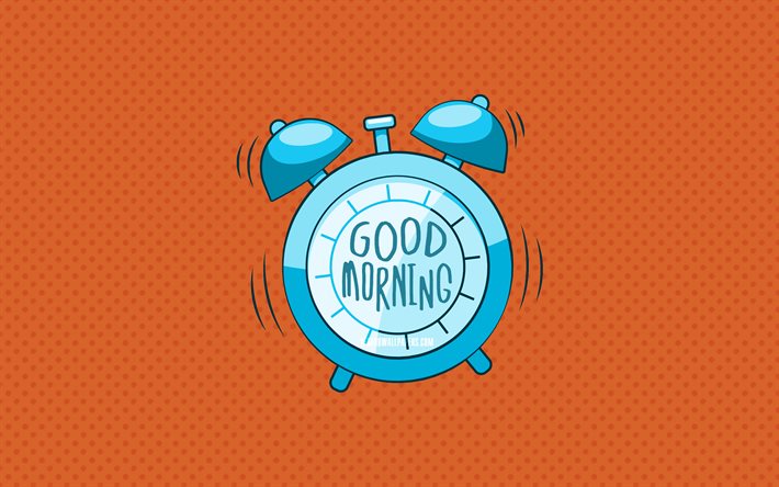 صباح الخير, الأزرق ساعة منبه, 4k, البرتقال المنقطة الخلفيات, صباح الخير أتمنى, الإبداعية, صباح الخير المفاهيم, بساطتها, صباح الخير مع عقارب الساعة