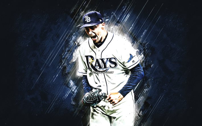 Tampa Bay Rays, MLB, portrait, american baseball player, blue stone backgro...