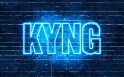 Kyng, 4k, fondos de pantalla con los nombres, el texto horizontal, Kyng nombre, Feliz Cumplea&#241;os Kyng, luces azules de ne&#243;n, imagen con Kyng nombre