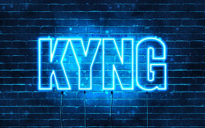 Kyng, 4k, les papiers peints avec les noms, le texte horizontal, Kyng nom, Joyeux Anniversaire Kyng, bleu n&#233;on, photo avec Kyng nom