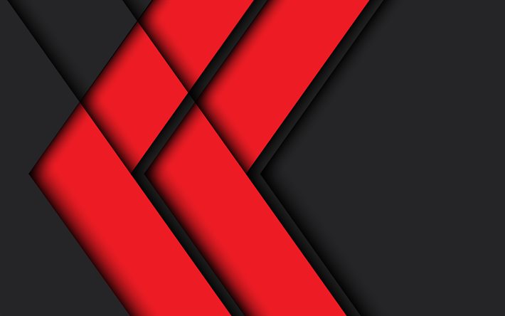 red arrows, 4k, material design, geometric shapes, lollipop, red lines, geometry, creative, arrows, black backgrounds, abstract art