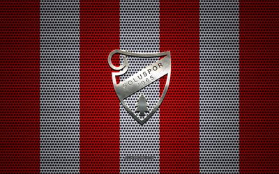 Boluspor logo, Turkish football club, metal emblem, red white metal mesh background, TFF 1 Lig, Boluspor, TFF First League, Bolu, Turkey, football