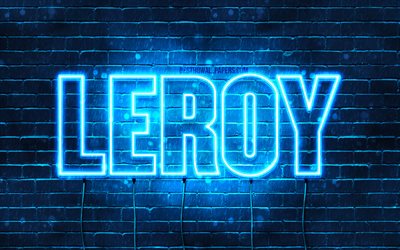 Leroy, 4k, fondos de pantalla con los nombres, el texto horizontal, Leroy nombre, Feliz Cumplea&#241;os Leroy, luces azules de ne&#243;n, imagen con Leroy nombre