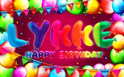 Happy Birthday Lykke, 4k, colorful balloon frame, Lykke name, purple background, Lykke Happy Birthday, Lykke Birthday, popular swedish female names, Birthday concept, Lykke