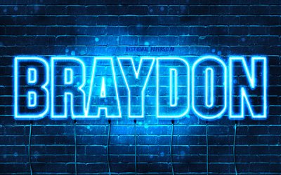 Braydon, 4k, pap&#233;is de parede com os nomes de, texto horizontal, Braydon nome, Feliz Anivers&#225;rio Braydon, luzes de neon azuis, imagem com Braydon nome