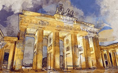 Brandenburgin Portti, grunge art, Berliini, Saksa, creative art, maalattu Brandenburgin Portti, piirustus, Brandenburgin Portti abstraktio, digitaalista taidetta, Berliinin grunge