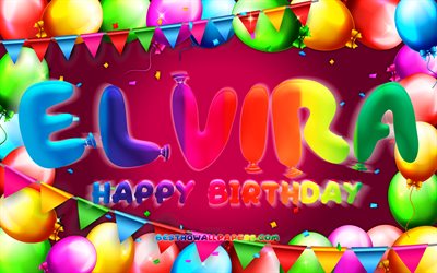 Happy Birthday Elvira, 4k, colorful balloon frame, Elvira name, purple background, Elvira Happy Birthday, Elvira Birthday, popular swedish female names, Birthday concept, Elvira