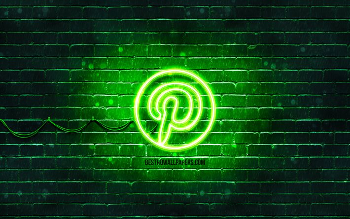 Pinterest gr&#246;n logotyp, 4k, gr&#246;na brickwall, Pinterest logotyp, sociala n&#228;tverk, Pinterest neon logotyp, Pinterest