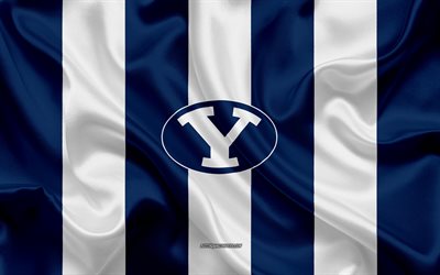 Brigham Young Cougars, American football team, emblem, silk flag, blue and white silk texture, NCAA, Brigham Young Cougars logo, Provo, Utah, USA, American football, BYU Cougars football