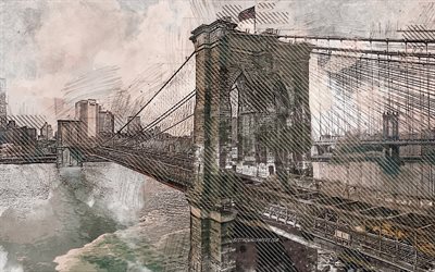 Brooklyn Bridge, grunge art, New York, creative art, painted Brooklyn Bridge, drawing, Brooklyn Bridge abstraction, digital art, New York grunge, USA