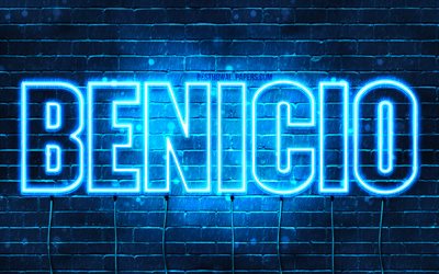 Benicio, 4k, sfondi per il desktop con i nomi, il testo orizzontale, Benicio nome, Felice Compleanno Benicio, neon blu, foto con Benicio nome