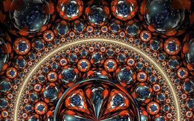fractals, floral ornaments, rings, 3D spheres, floral patterns, neon art, abstract floral backgrounds, creative, artwork, fractal art, orange backgrounds