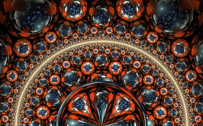 fractais, ornamentos florais, an&#233;is, Esferas 3D, padr&#245;es florais, neon arte, resumo floral fundo, criativo, obras de arte, arte fractal, laranja fundos