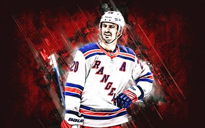 Chris Kreider, New York Rangers, NHL, American hockey player, red stone background, hockey, National Hockey League, USA