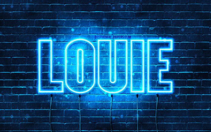 Louie, 4k, tapeter med namn, &#246;vergripande text, Louie namn, Grattis P&#229; F&#246;delsedagen Louie, bl&#229;tt neonljus, bild med Louie namn