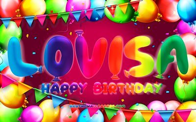 Happy Birthday Lovisa, 4k, colorful balloon frame, Lovisa name, purple background, Lovisa Happy Birthday, Lovisa Birthday, popular swedish female names, Birthday concept, Lovisa