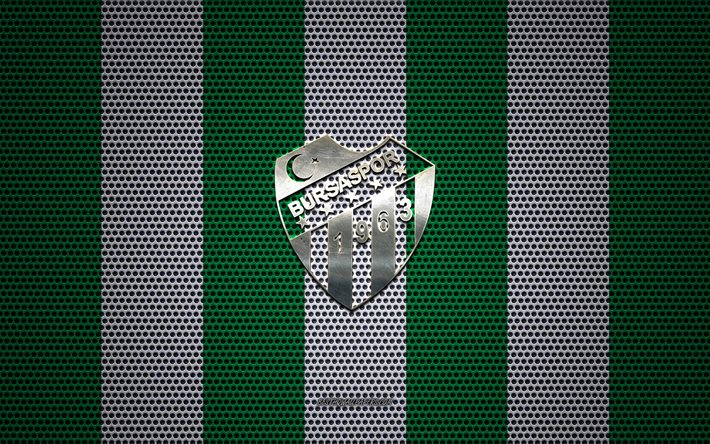 Bursaspor logo, squadra di calcio turco, metallo, simbolo, verde, bianco, di maglia di metallo sfondo, TFF 1 Lig, Bursaspor, il TFF Primo Campionato, Bursa, in Turchia, calcio