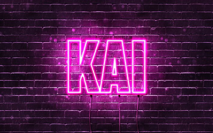 Quando, 4k, pap&#233;is de parede com os nomes de, nomes femininos, Kai nome, roxo luzes de neon, Feliz Anivers&#225;rio Kai, imagem com Kai nome