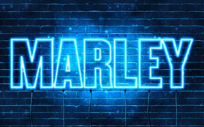 Marley, 4k, taustakuvia nimet, vaakasuuntainen teksti, Marley nimi, Hyv&#228;&#228; Syntym&#228;p&#228;iv&#228;&#228; Marley, blue neon valot, kuva Marley nimi