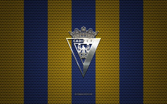 Cadiz CF logo, Spanish football club, metal emblem, blue and yellow metal mesh background, Cadiz CF, Segunda, Cadiz, Spain, football