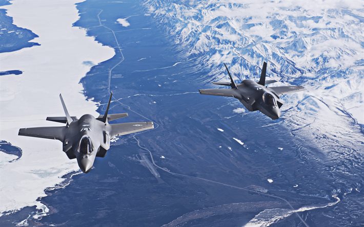Lockheed Martin F-35 Lightning II, 4k, American Army, Lockheed Martin, two fighters, Flying F-35, combat aircraft, US Army, F-35, fighters