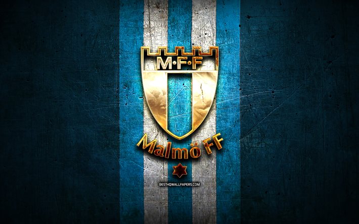 Malmo FC, golden logo, Allsvenskan, blue metal background, football, Malmo FF, swedish football club, Malmo logo, soccer, Sweden