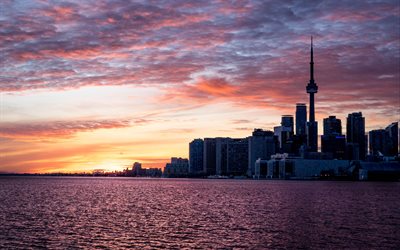 Toronto, la CN Tower, la torre di osservazione, Toronto grattacieli, edifici moderni, sera, tramonto, paesaggio urbano, skyline di Toronto, Canada