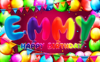 Happy Birthday Emmy, 4k, colorful balloon frame, Emmy name, purple background, Emmy Happy Birthday, Lova Birthday, popular swedish female names, Birthday concept, Emmy