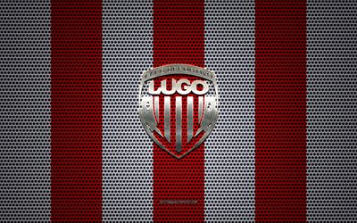 CD Lugo logo, Spanish football club, metal emblem, red and white metal mesh background, CD Lugo, Segunda, Lugo, Spain, football