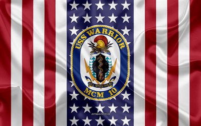 uss warrior emblem, mcm-10, american flag, us-navy, usa, uss krieger-abzeichen, us-kriegsschiff, wappen der uss krieger