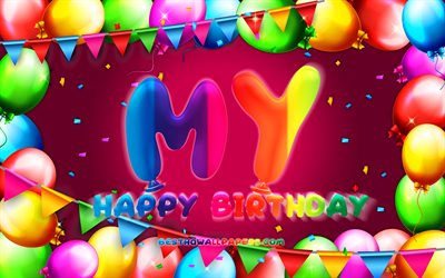 Buon Compleanno Mio, 4k, palloncino colorato telaio, il Mio nome, sfondo viola, il Mio buon Compleanno, Mio Compleanno, popolare svedese nomi di donna, Compleanno concetto, il Mio