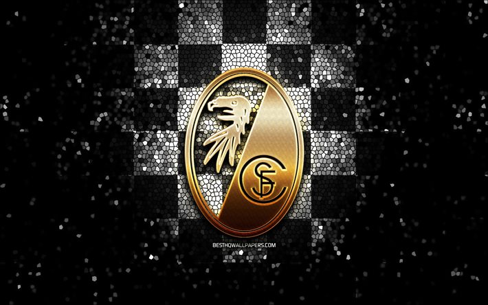 Freiburg FC, glitter logo, Bundesliga, siyah beyaz damalı arka plan, futbol, SC Freiburg, Alman Futbol Kul&#252;b&#252;, Freiburg logo, mozaik sanatı, Almanya