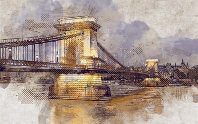 Szechenyi Chain Bridge, grunge art, Budapest, Unkari, maamerkki, creative art, maalattu Szechenyi Chain Bridge, piirustus, Szechenyi Chain Bridge abstraktio, digitaalista taidetta, Chain Bridge, Tonava-Joki