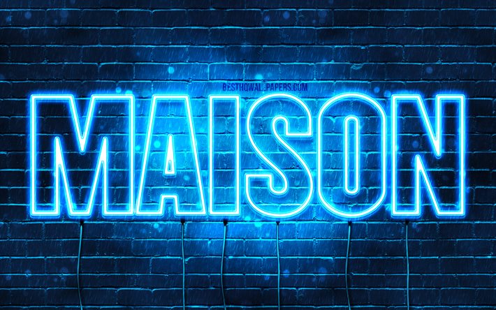 Maison, 4k, fondos de pantalla con los nombres, el texto horizontal, Maison nombre, Feliz Cumplea&#241;os Maison, luces azules de ne&#243;n, la imagen con la Maison nombre